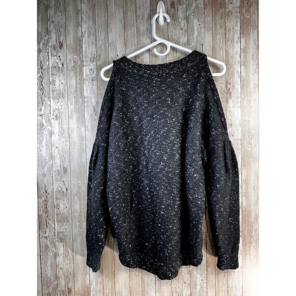 Express Cold Shoulder Sweater Puff sleeves M Black White Speckled Oversized SOFT - Picture 2 of 8